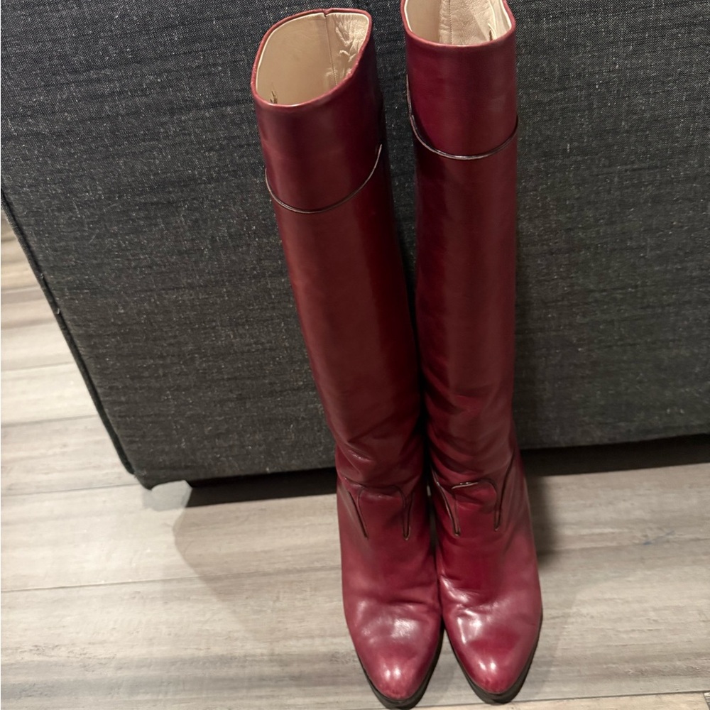 Red Heeled Knee-High Boots with Pointed Toe and Slim Fit